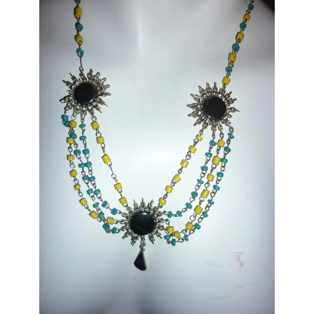 Vintage Yellow Blue Sun Beaded Necklace  Wire 18"‎ - Picture 2 of 4